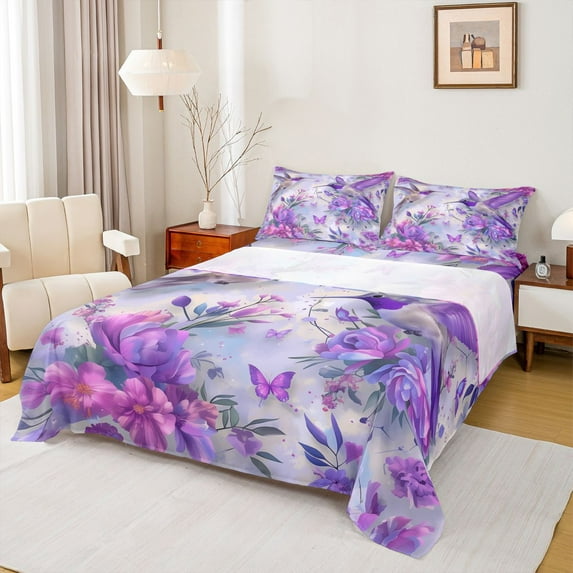 jejeloiu Retro Rustic Flower Full Size Sheets,Purple Hummingbird Bed Sheets,Country Floral Sheet Sets For Girls Teens,Breathable Home Decor,4pcs