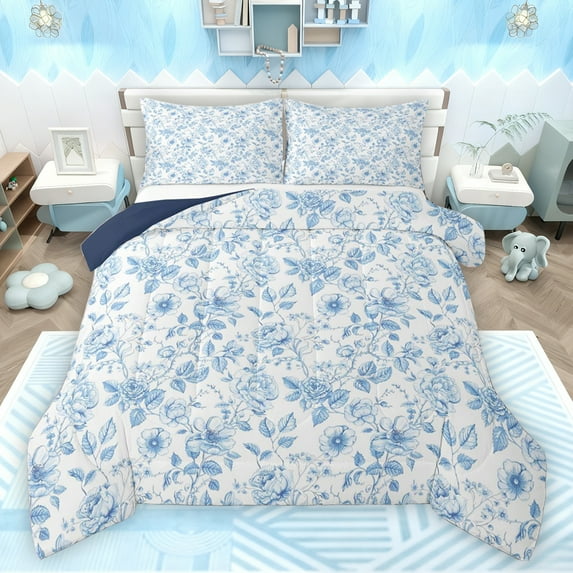 jejeloiu Retro Rustic Flower Queen Comforter Set,Natural Plant Bedding Sets,White Blue Bedding Comforter Set For Girls Kids,Super Cozy Room Decor Reversible,3 Pieces