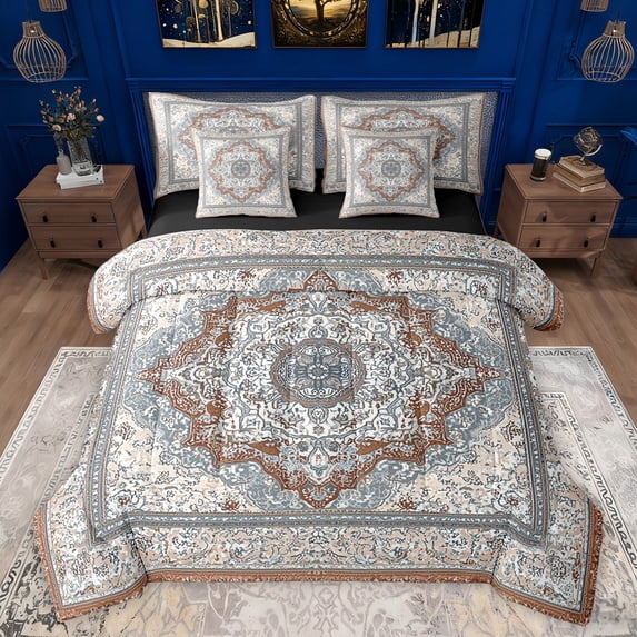 jejeloiu Retro Rustic Flowers 7 Pieces Bedding Comforter Set,Bohemian Exotic Style Full Bedding Set,Gray Blue Fitted Sheet Flat Sheet For Girls Kids,Super Cozy Room Decor Reversible