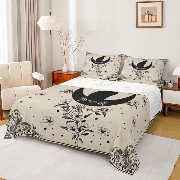 jejeloiu Retro Rustic Flowers Twin Sheet Sets,Cartoon Cute Cat Twin Fitted Sheet,Blue Gray Flat Sheet For Girls,Super Cozy Room Decor,3-Piece