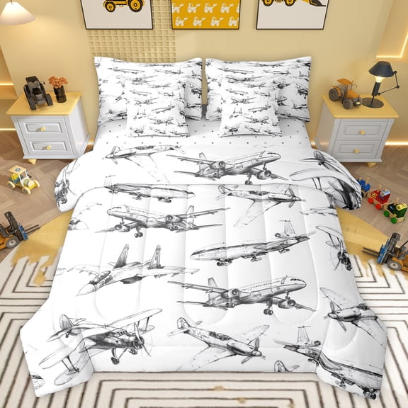 jejeloiu Retro Sketch Airplane 7 Pieces Bedding Comforter Set,Vintage Aircraft Theme Full Bedding Set,White Gray Fitted Sheet Flat Sheet For Boys Kids,Super Cozy Room Decor Reversible