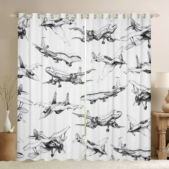 jejeloiu Retro Sketch Airplane Blackout Curtains Set of 2 (52x84 Each),Vintage Aircraft Theme Window Curtains,White Gray Curtains and Drapes For Boys Kids,Super Cozy Room Decor