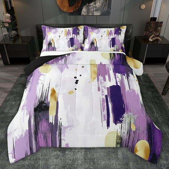 jejeloiu Retro Splash Ink Full Size Comforter Sets,White Purple Bedding Sets For Adult Reversible 3-Piece