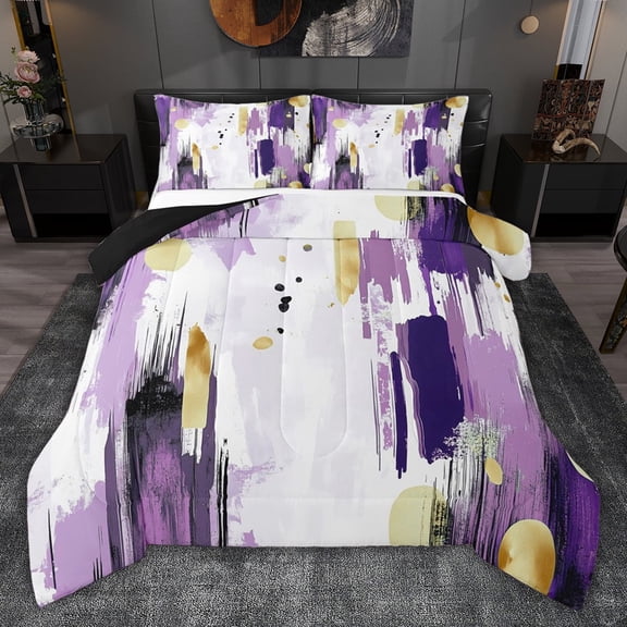 jejeloiu Retro Splash Ink Queen Comforter Set,White Purple Bedding Comforter Set For Adult Reversible 3 Pieces