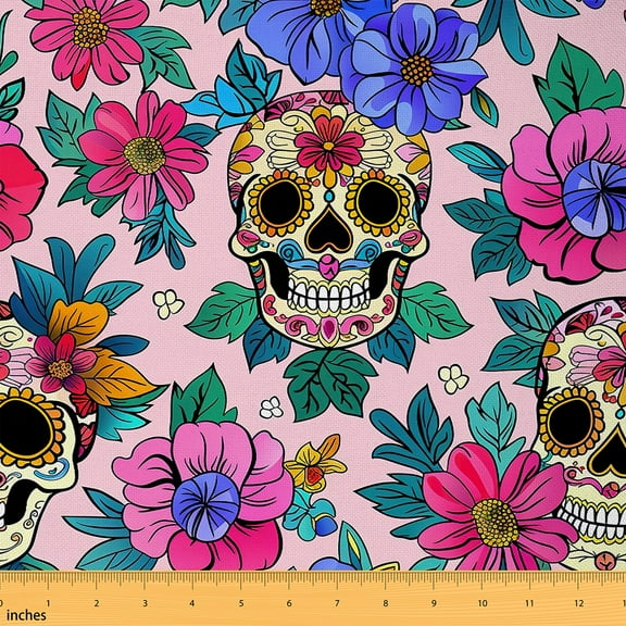 jejeloiu Retro Spooky Skull Fabric by the Yard 1 Yard,Country Flower Floral Home Decor Fabric by the Yard,Halloween Skeleton Sewing Fabric For Teens,Microfiber Bedroom Decor