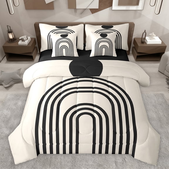 jejeloiu Retro Striped Pattern 7-Piece Twin Bedding Sets,Abstract Geometric Artwork Bedding Comforter Set,Black Khaki Sheet Sets For Adult,Ultra Soft Home Decor Reversible