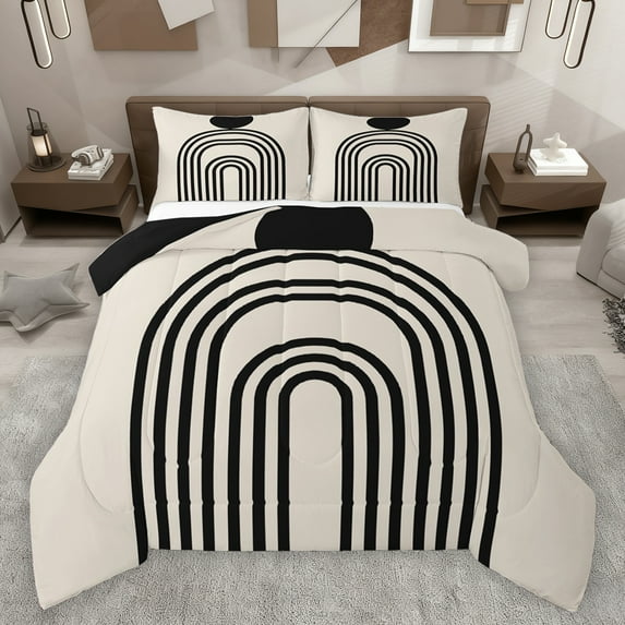 jejeloiu Retro Striped Pattern Bedding Comforter Set,Abstract Geometric Artwork Twin Comforter Sets,Black Khaki Bedding Set For Adult,Ultra Soft Home Decor Reversible,2 Pieces