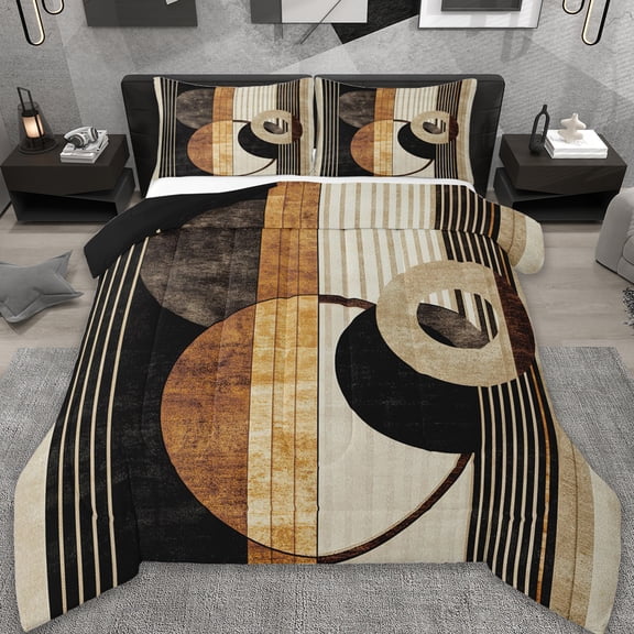 jejeloiu Retro Stripes Lines Full Size Comforter Sets,Minimalism Art Bedding Comforter Set,Brown White Bedding Sets,Ultra Soft Room Decorative Reversible,3-Piece