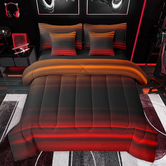 jejeloiu Retro Stripes Pattern 7-Piece Bedding Comforter Set,Abstract Geometric King Bedding Sets,Red Black Bed Sheets For Kids,Microfiber Bedroom Decor Reversible