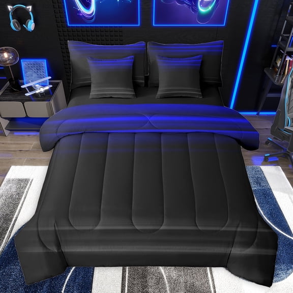 jejeloiu Retro Stripes Pattern 7-Piece Twin Bedding Sets,Abstract Geometric Bedding Comforter Set,Black Blue Sheet Sets For Kids,Microfiber Bedroom Decor Reversible