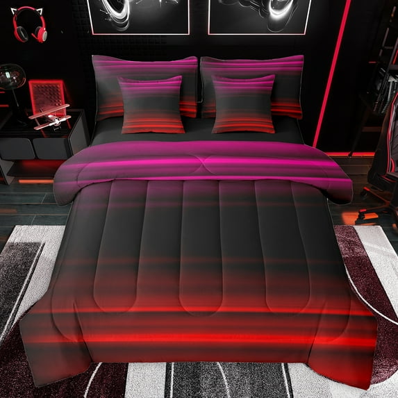 jejeloiu Retro Stripes Pattern 7-Piece Twin Bedding Sets,Abstract Geometric Bedding Comforter Set,Red Black Pink Line Sheet Sets For Kids,Microfiber Bedroom Decor Reversible