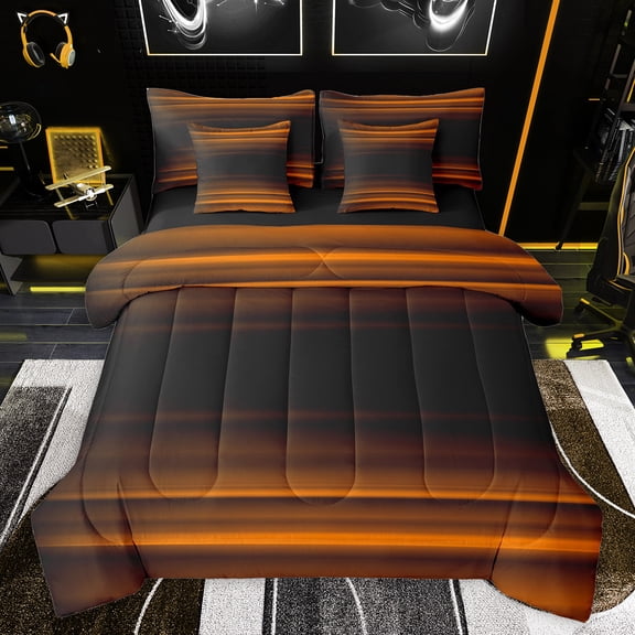 jejeloiu Retro Stripes Pattern 7 Pieces Bedding Comforter Set,Abstract Geometric Lines Full Bedding Set,Orange Black Fitted Sheet Flat Sheet For Kids,Microfiber Bedroom Decor Reversible