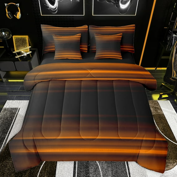 jejeloiu Retro Stripes Pattern 7 Pieces Bedding Comforter Set,Abstract Geometric Lines Full Bedding Set,Orange Black Fitted Sheet Flat Sheet For Kids,Microfiber Bedroom Decor Reversible