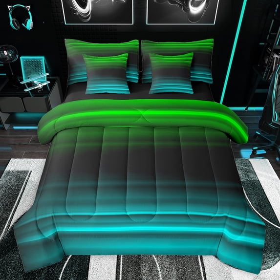jejeloiu Retro Stripes Pattern 7pcs Bedding Comforter Set,Abstract Geometric Queen Bedding Sets,Green Black Cyan Queen Sheet Sets For Kids,Microfiber Bedroom Decor Reversible