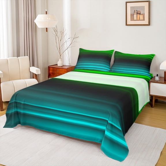 jejeloiu Retro Stripes Pattern Bed Sheets,Abstract Geometric King Sheets,Green Black Cyan Sheet Set For Kids,Microfiber Bedroom Decor,4 Pieces