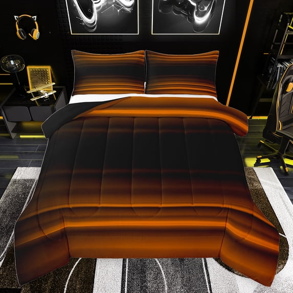 jejeloiu Retro Stripes Pattern Bedding Comforter Set,Abstract Geometric Lines Twin Comforter Sets,Orange Black Bedding Set For Kids,Microfiber Bedroom Decor Reversible,2-Piece
