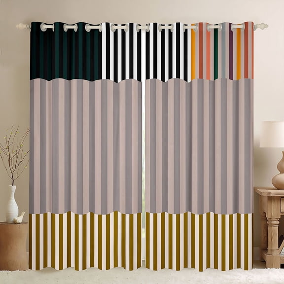 jejeloiu Retro Stripes Pattern Blackout Curtains Set of 2 (52x84 Each),Abstract Geometric Window Curtains,Brown Yellow Line Curtains and Drapes For Kids,Microfiber Bedroom Decor