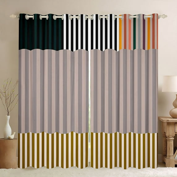 jejeloiu Retro Stripes Pattern Curtains Pack of 2 (42x84 Each),Abstract Geometric Curtains Blackout,Brown Yellow Line Bedroom Curtains For Kids,Microfiber Bedroom Decor