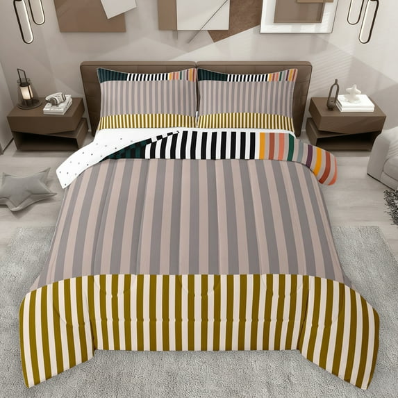 jejeloiu Retro Stripes Pattern Queen Comforter Set,Abstract Geometric Bedding Sets,Brown Yellow Line Bedding Comforter Set For Kids,Microfiber Bedroom Decor Reversible,3-Piece