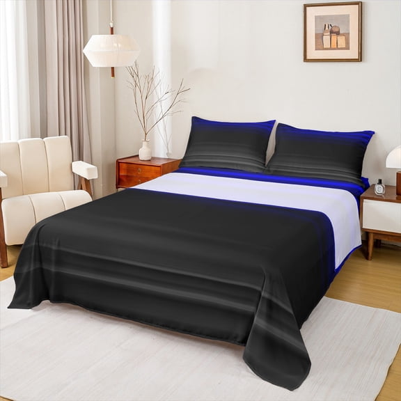 jejeloiu Retro Stripes Pattern Queen Sheet Sets,Abstract Geometric Flat Sheet,Black Blue Queen Fitted Sheet For Kids,Microfiber Bedroom Decor,4pcs