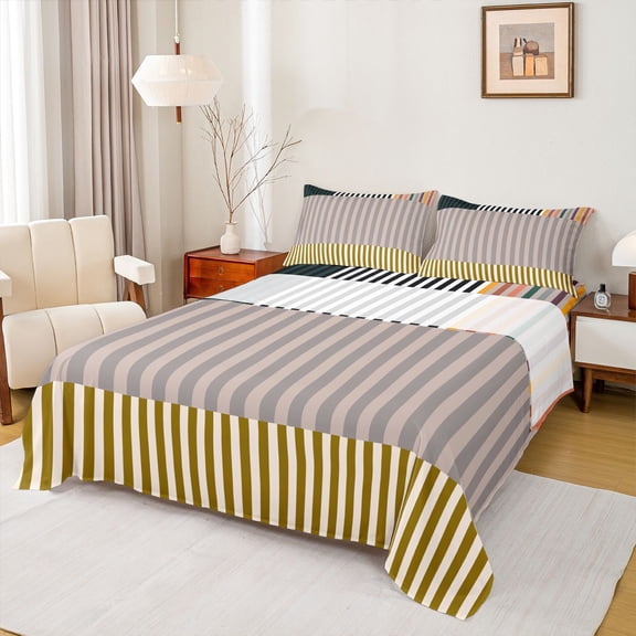 jejeloiu Retro Stripes Pattern Queen Sheet Sets,Abstract Geometric Flat Sheet,Brown Yellow Line Queen Fitted Sheet For Kids,Microfiber Bedroom Decor,4-Piece