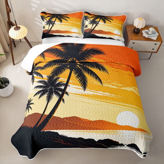 jejeloiu Retro Sunset Palm Quilt Full For Girls,Tropical Beach Silhouette Full Bedspread Sets,Orange Black,3-Piece