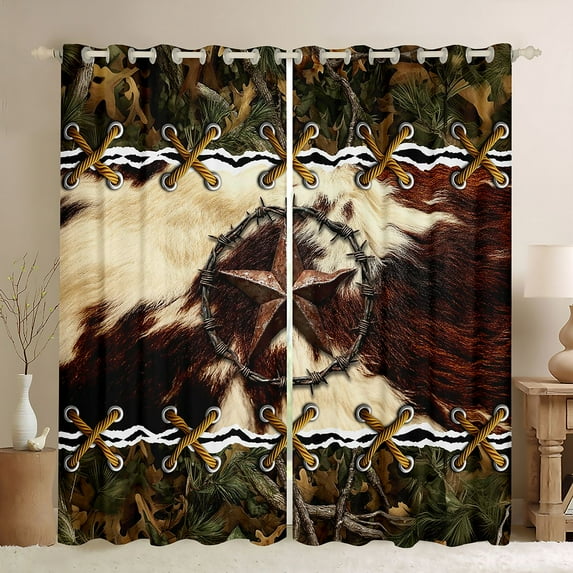 jejeloiu Retro Texas Stars Black Out Curtains,Rustic Cattle Hide Curtains Pack of 2 (42x63 Each),Country Farmhouse Bedroom Curtains For Adults,Ultra Soft Home Decor