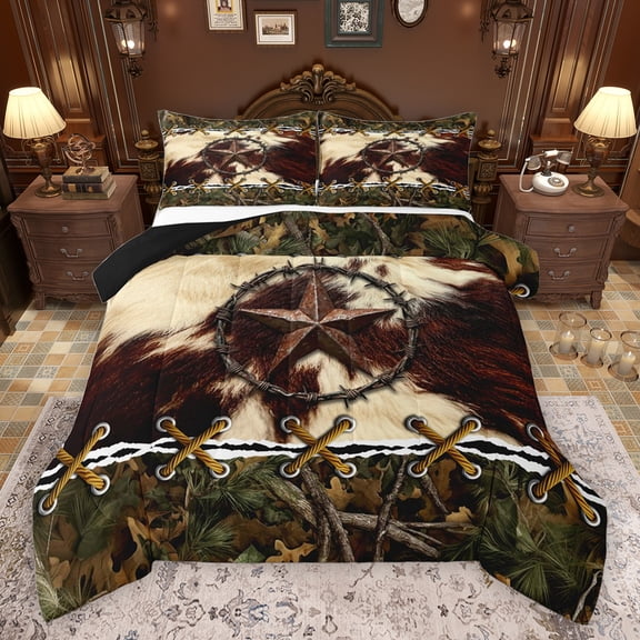 jejeloiu Retro Texas Stars Queen Comforter Set,Rustic Cattle Hide Bedding Sets,Country Farmhouse Bedding Comforter Set For Adults,Ultra Soft Home Decor Reversible,3 Pieces