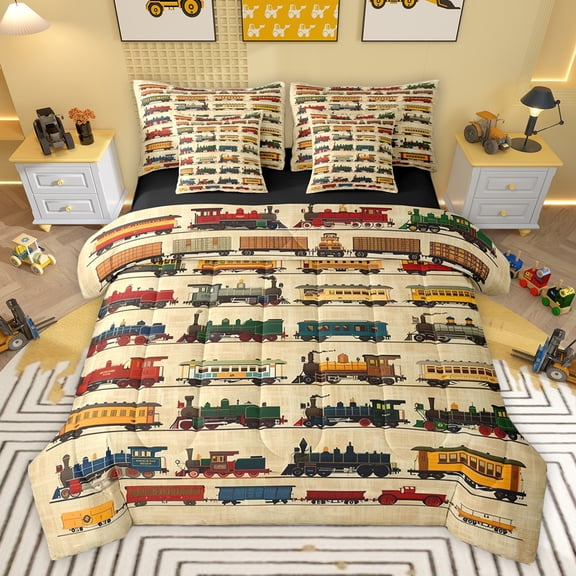 jejeloiu Retro Train 7-Piece Bedding Comforter Set,Steam Engine Theme King Bedding Sets,Colorful Car Bed Sheets For Biye Kids,Breathable Home Decor Reversible