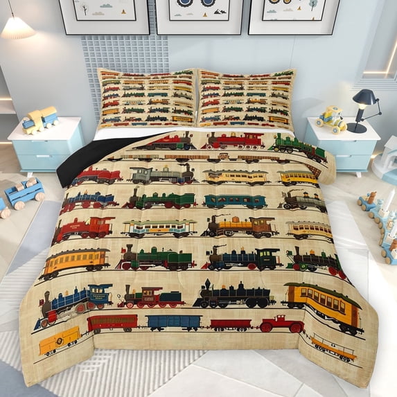 jejeloiu Retro Train Bedding Comforter Set,Steam Engine Theme Twin Comforter Sets,Colorful Car Bedding Set For Biye Kids,Breathable Home Decor Reversible,2-Piece