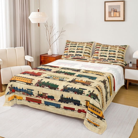 jejeloiu Retro Train Twin Sheet Sets,Steam Engine Theme Twin Fitted Sheet,Colorful Car Flat Sheet For Biye Kids,Breathable Home Decor,3-Piece