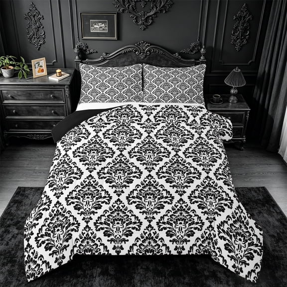 jejeloiu Retro Victorian Floral Queen Comforter Set,Damask Jacquard Print Comforter Sets Queen For Adults,Black White,Black Reversible,3 Pieces,1 Comforter and 2 Pillowcases