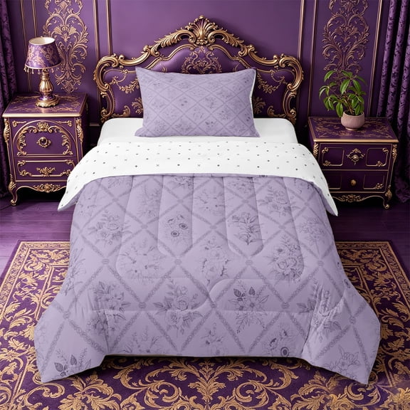 jejeloiu Retro Victorian Floral Twin Comforter Sets For Girls,Diamond Pattern Bedding Set,Light Purple,Reversible,2 Pieces,1 Comforter and 1 Pillowcase