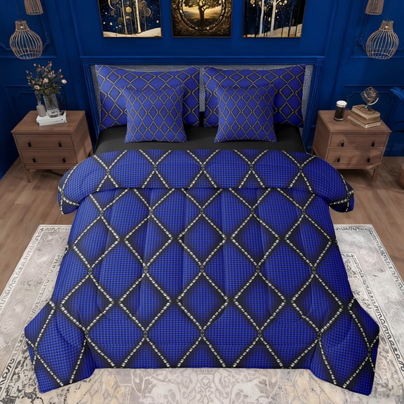 jejeloiu Rhombus Print 7-Piece Bedding Comforter Set,Modern Geometric Abstract King Bedding Sets,Blue Black Bed Sheets For Adults,Breathable Home Decor Reversible