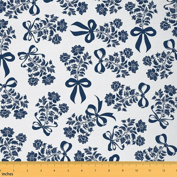 jejeloiu Ribbon Bow Bowtie Fabric by the Yard 2 Yards,Retro Rustic Flower Room Decor Fabric by the Yard,Blue White Bowknot Fabric for Sewing For Child,Ultra Soft Home Decor