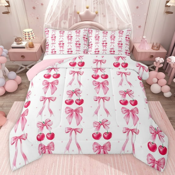 jejeloiu Ribbon Bow Knot Full Size Comforter Sets,Pink Bows Cherry Bedding Sets For Bowtie Lover Reversible 3pcs