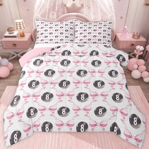 jejeloiu Ribbon Bow Knot Queen Comforter Set,Billiard Gamer Gaming Bedding Comforter Set For Girls Kids Reversible 3pcs