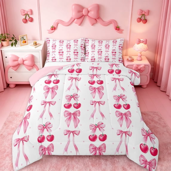 jejeloiu Ribbon Bow Knot Queen Comforter Set,Pink Bows Cherry Bedding Comforter Set For Bowtie Lover Reversible 3-Piece