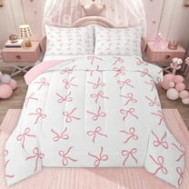 jejeloiu Ribbon Bow Knot Twin Comforter Sets,Pink Cartoon Bowtie Bedding Set For Girls Reversible 2-Piece