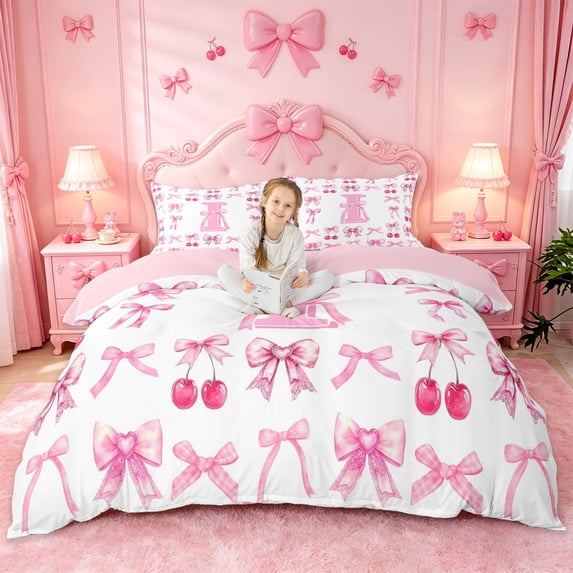 jejeloiu Ribbon Bow Monogram I Duvet Cover Set For Girls,Bow tie Cherry Theme Initial Design Bedding Full For Kids,Pink Reversible,3 Pieces(No Comforter)