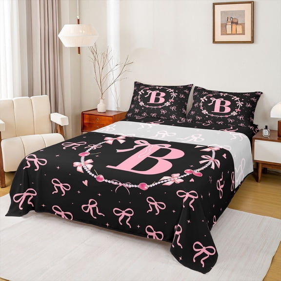 jejeloiu Ribbon Bow Pearl Full Size Sheets For Girls,Pink Monogrammed B Bed Sheets,4 Pieces