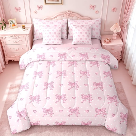 jejeloiu Ribbon Bow Print 7 Pieces Bedding Comforter Set,Pink Bow Pattern Full Bedding Set For Kids Reversible