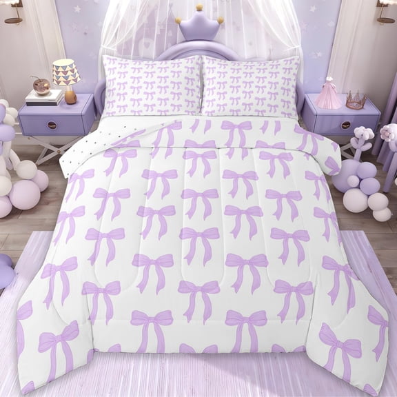 jejeloiu Ribbon Bow Print Queen Comforter Set,Purple Bow Pattern Bedding Comforter Set For Kids Reversible 3pcs