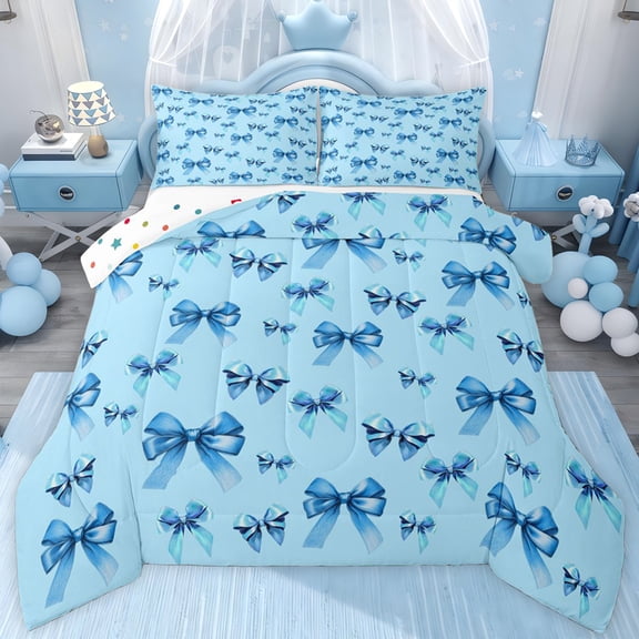jejeloiu Ribbon Bow Print Twin Comforter Sets,Blue Bowknot Bowtie Bedding Set For Kids Reversible 2pcs