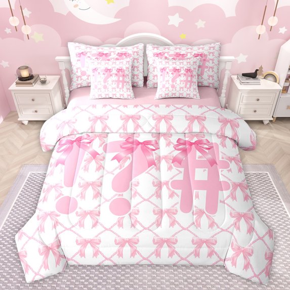 jejeloiu Ribbon Bow Tie 7 Pieces Bedding Comforter Set,Kawaii Cartoon Bowknot Full Bedding Set,Pink White Fitted Sheet Flat Sheet For Girls,Microfiber Room Decorative Reversible