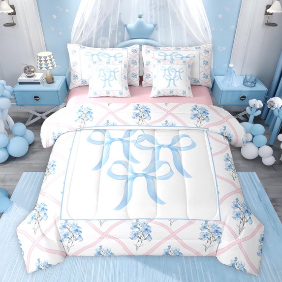 jejeloiu Ribbon Bow Tie 7pcs Bedding Comforter Set,Blue Flowers Blossom Queen Bedding Sets For Girl Teens Reversible