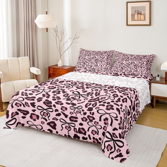 jejeloiu Ribbon Bow Tie Bed Sheets,Cartoon Cheetah Pattern King Sheets,Pink Black Sheet Set For Adults,Ultra Soft Home Decor,4 Pieces
