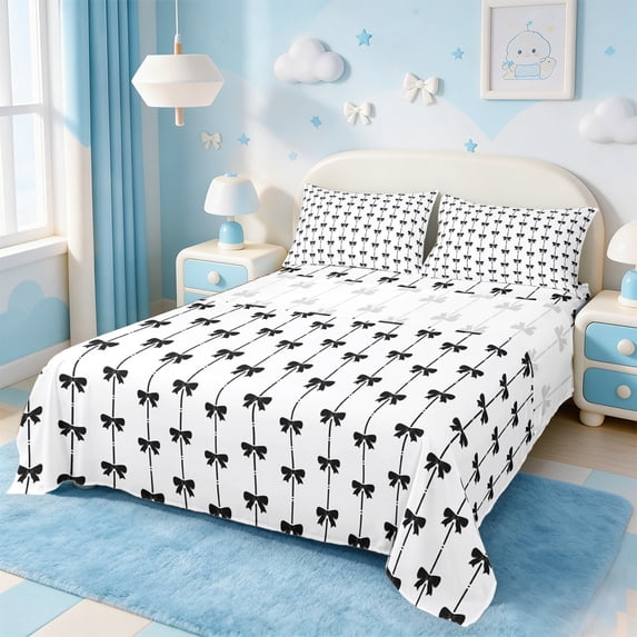jejeloiu Ribbon Bow Tie Bed Sheets,Grid Bowknot King Sheets,Black Geometric Lines Sheet Set For Child,Lightweight Room Decorative,4-Piece