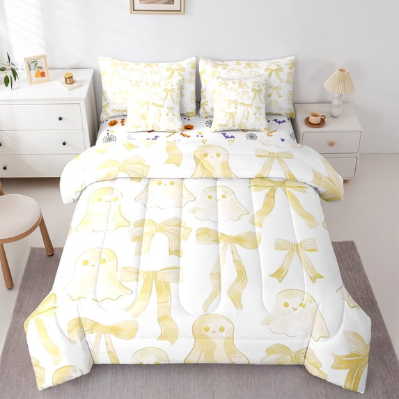 jejeloiu Ribbon Bow Tie Bedding Comforter Set 7-Piece,Halloween Theme Ghost King Bedding Sets,White Yellow Graffiti Bed Sheets,Lightweight Room Decorative Reversible