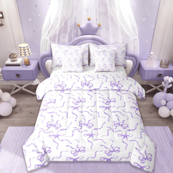 jejeloiu Ribbon Bow Tie Bedding Comforter Set 7 Pieces,Bowknot Stars Pattern Full Bedding Set,Purple White Fitted Sheet Flat Sheet,Lightweight Room Decorative Reversible